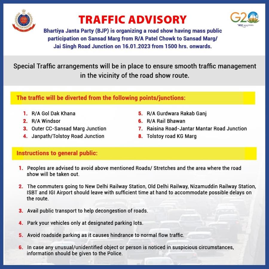 BJP’s roadshow in New Delhi today , Delhi Police issues traffic advisory 