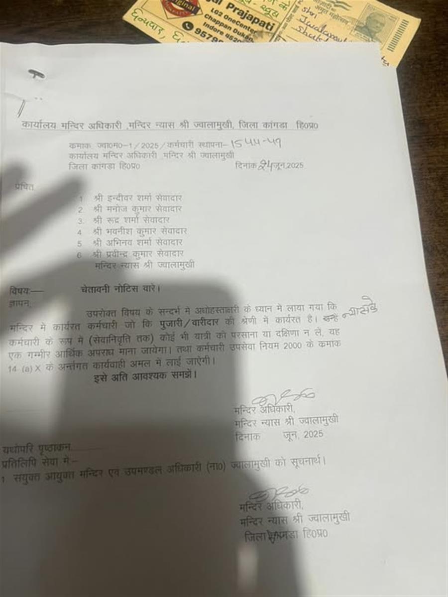ज्वालामुखी मंदिर में बारीदार कर्मचारीयों पर सर्विस रूल का डंडा, नहीं ले पायेंगे दक्षिणा