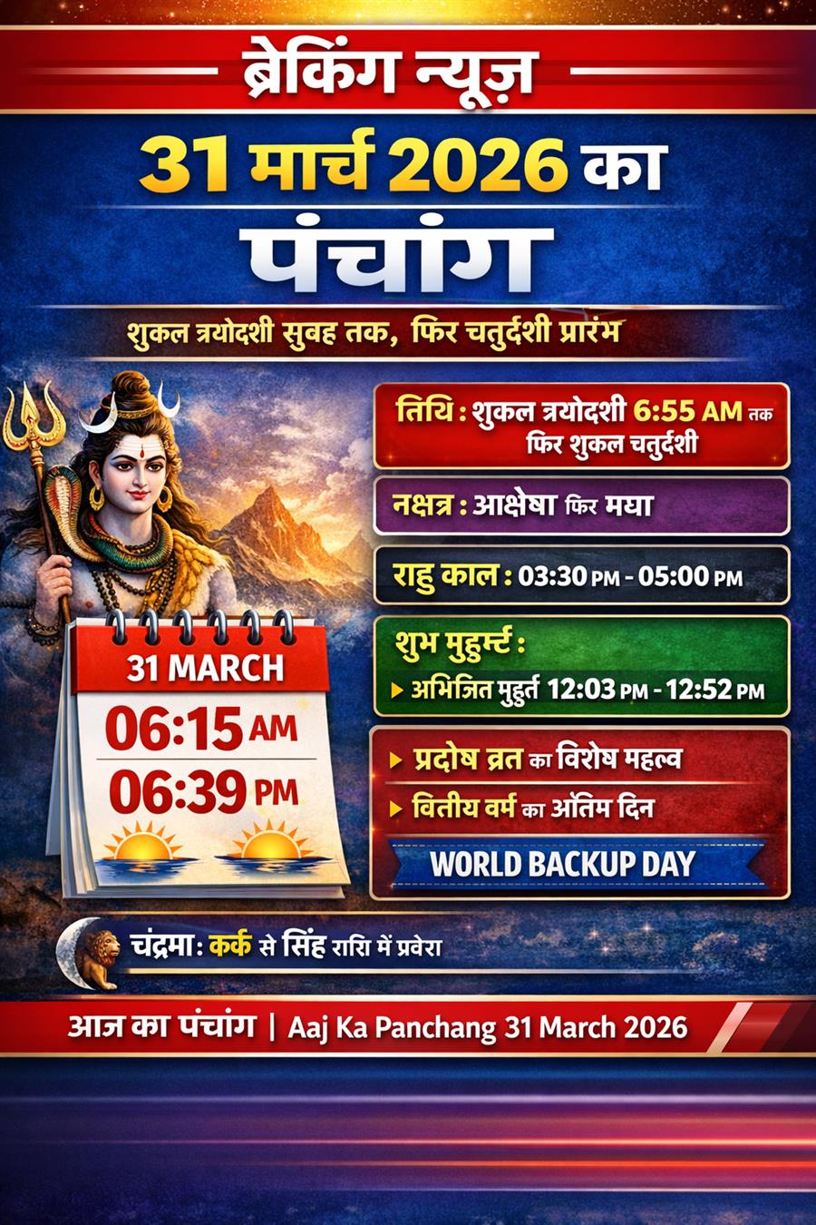  आज राहु काल कब तक रहेगा व क्या है शुभ मुहूर्त आईये जानते हैं 31 मार्च 2026 का पंचांग