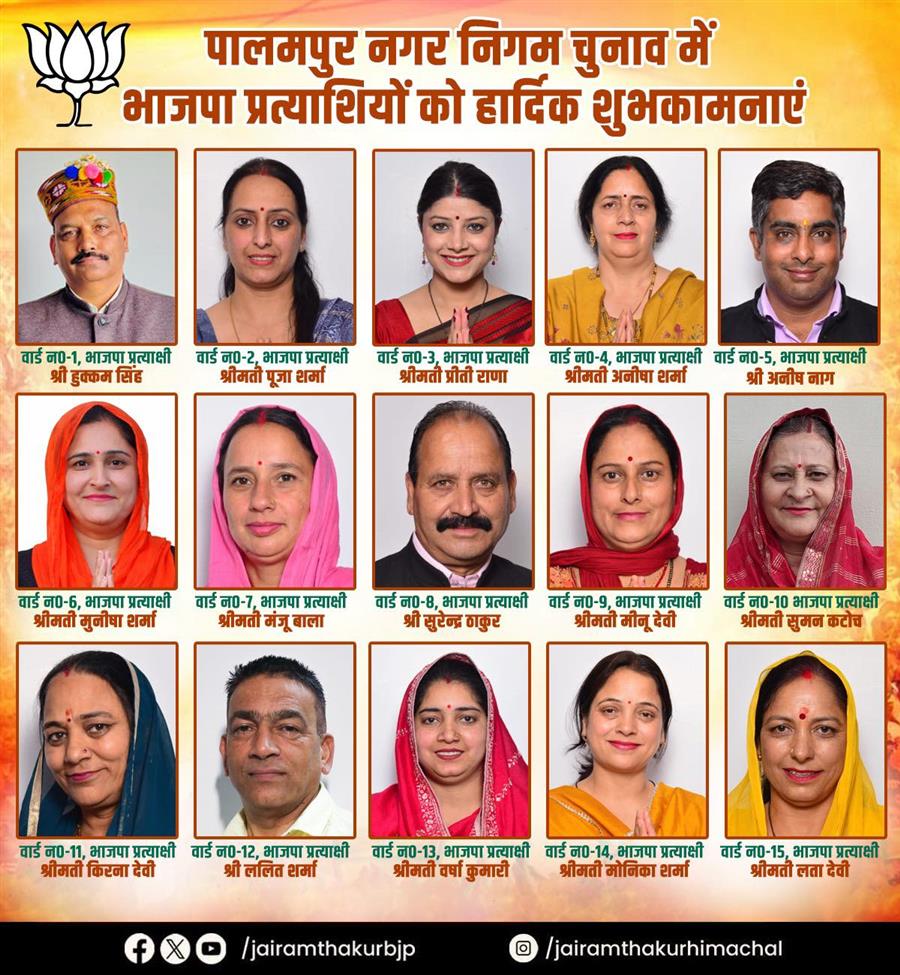 पालमपुर नगर निगम चुनाव 2026: भाजपा प्रत्याशियों को पूर्व सीएम जय राम ठाकुर ने दी बधाई