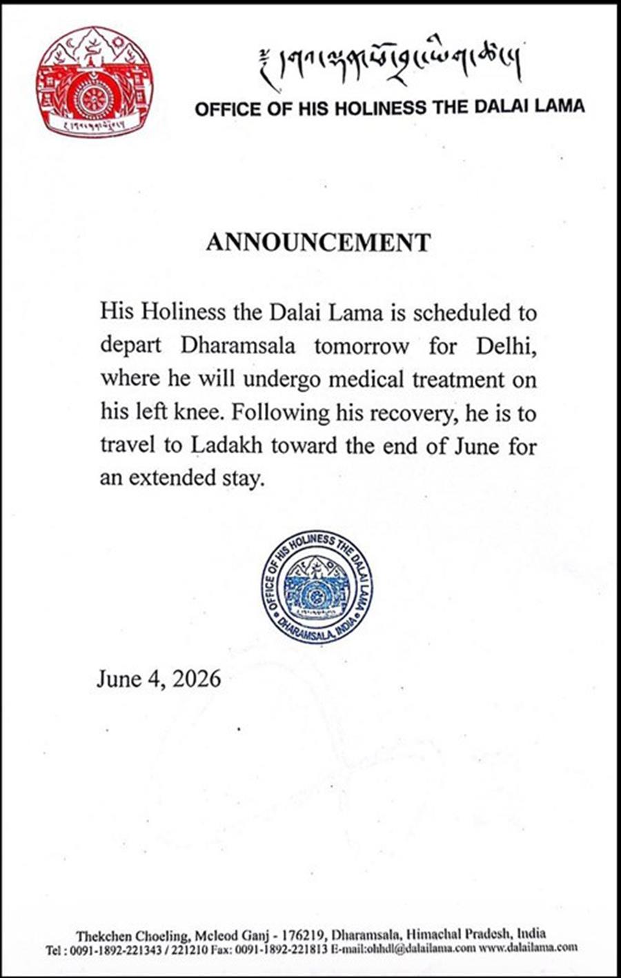Dalai Lama will Depart for Delhi for Medical Treatment Ahead of Extended Stay in Ladakh