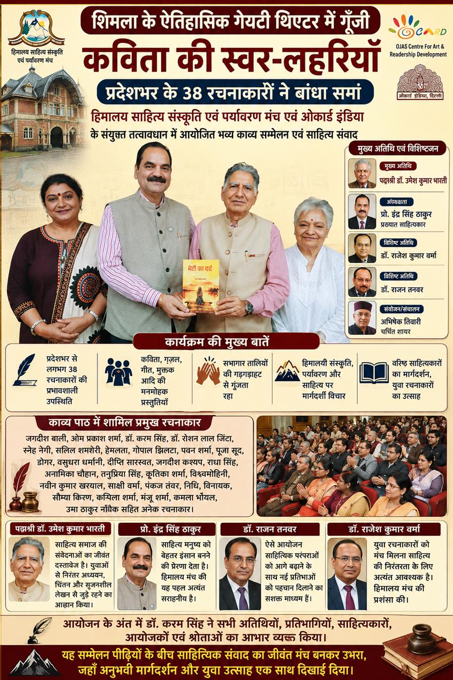 शिमला के ऐतिहासिक गेयटी थिएटर में गूँजी कविता की स्वर-लहरियाँ, प्रदेशभर के 38 रचनाकारों ने बांधा समां