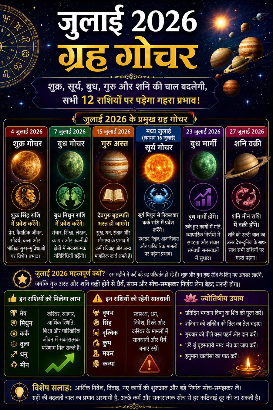 जुलाई 2026 में ग्रहों का बड़ा फेरबदल: शुक्र, सूर्य, बुध, गुरु और शनि की चाल बदलेगी, सभी 12 राशियों पर पड़ेगा असर