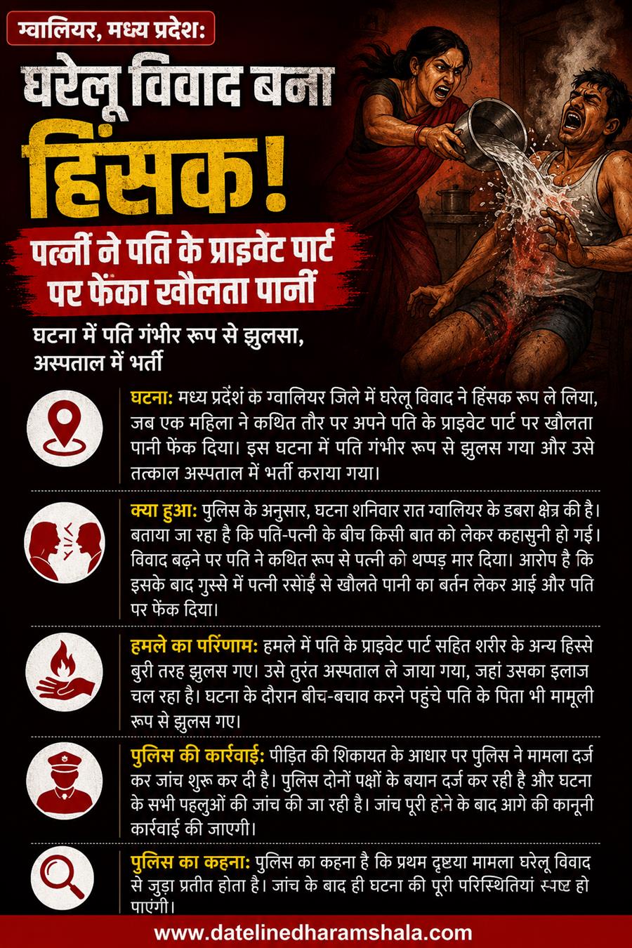  ग्वालियर में घरेलू विवाद के बाद पत्नी ने पति के प्राइवेट पार्ट पर फेंका खौलता पानी, गंभीर रूप से झुलसा
