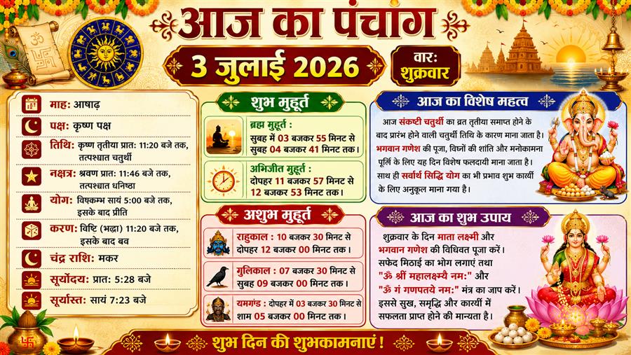  आज राहु काल कब तक रहेगा व क्या है शुभ मुहूर्त आईये जानते हैं 3 जुलाई 2026 का पंचांग