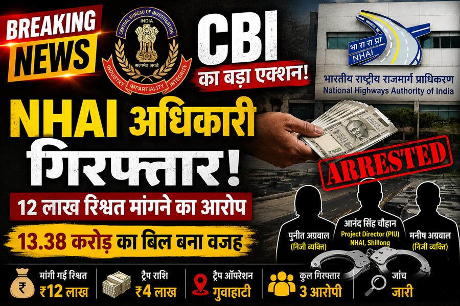 13.38 करोड़ का बिल अटका, 12 लाख की रिश्वत की मांग! CBI ने NHAI के प्रोजेक्ट डायरेक्टर समेत तीन को किया गिरफ्तार