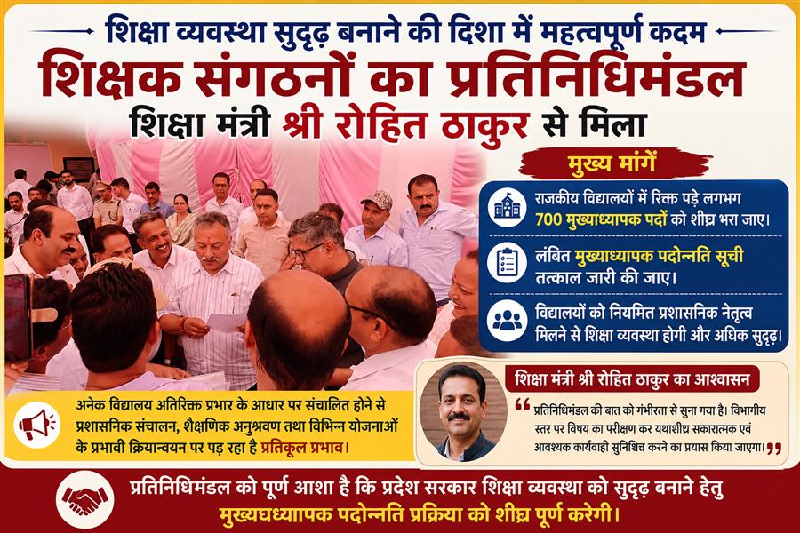मुख्याध्यापक पदोन्नति सूची शीघ्र जारी करने की मांग को लेकर शिक्षक प्रतिनिधिमंडल ने शिक्षा मंत्री से की भेंट