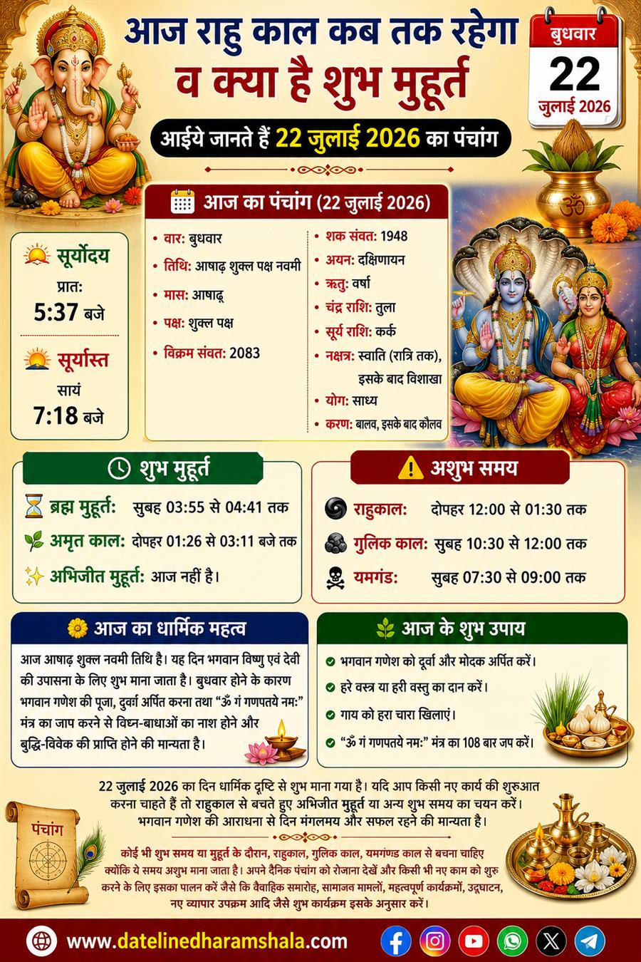आज राहु काल कब तक रहेगा व क्या है शुभ मुहूर्त आईये जानते हैं 22 जुलाई 2026 का पंचांग