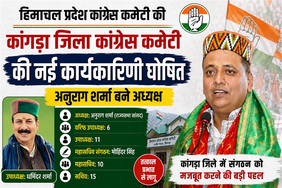 कांगड़ा जिला कांग्रेस कमेटी की नई कार्यकारिणी घोषित, अनुराग शर्मा बने अध्यक्ष